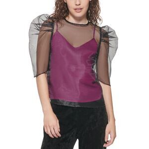 DKNY Sheer Two-tone Puff-sleeve Top BLACK